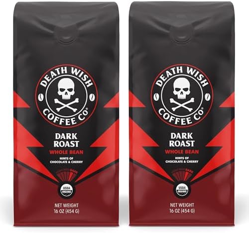 Death Wish Coffee Co. Whole Bean Dark Roast - Extra Kick of Caffeine - USA Organic Beans Bundle/Bulk - Fair Trade Arabica & Robusta - Real Dark Roast Beans (16 Oz, 2-Pack)