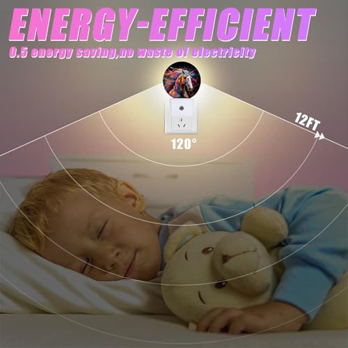 Image of Colorful Horse Night Light Night Lights LED Lamp Round Plug into Wall Nightlight with Dusk to Dawn Sensor Home Hallway Stairway Kitchen Decor