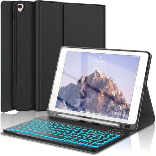 【2024年進級版】 iPad 6世代 キーボード 7色バックライト iPad Air 2 キーボード付きケース 軽量 ペン収納 ワイヤレス bluetoothキーボードカバー 脱着式 耐衝撃 iPad 第5世代/Pro 9.7インチ兼用 オートスリープ機