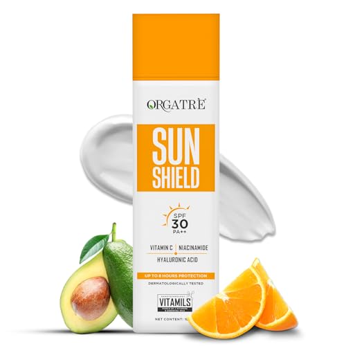 Image of Orgatre Vitamin C Bright Face Sunscreen SPF 30 PA++++ for Oily & Dry Skin | Lightweight, No White Cast | With Niacinamide & Hyaluronic Acid | UVA /UVB Defense | Water Resistant, Non-Greasy | 100gm