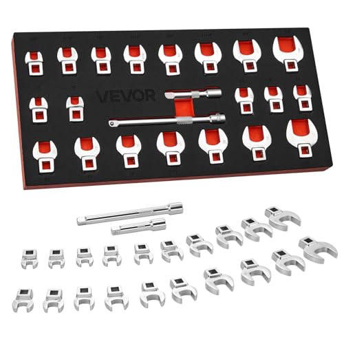 Image of VEVOR Crowfoot Wrench Set, 3 /8 inch Drive, 22-Piece Metric and SAE Size Crows Foot Wrenches, CR-MO Alloy Steel, with Storage Tray, Dual Size Markings on Tools and Tray, for Auto Maintenance or Repairs