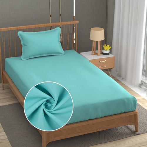 Image of FRESH FROM LOOM Microfiber Solid Plain 240 TC Single Size Bedsheet Set - Soft & Anti Fade, 1 Pillow Covers Included (Size- 60x90 inch | Aqua| Solid)