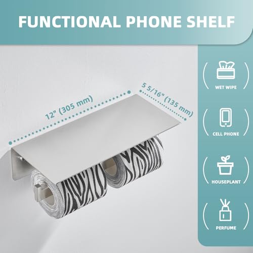 Image of Angle Simple Double Toilet Paper Holder with Shelf, Brushed Nickel | SUS304 Stainless Steel, 2 in 1 Tissue Roll Holder, Top Shelf for Phone Wet Wipes, Hold 2 Rolls for Backup, Screws Wall Mount