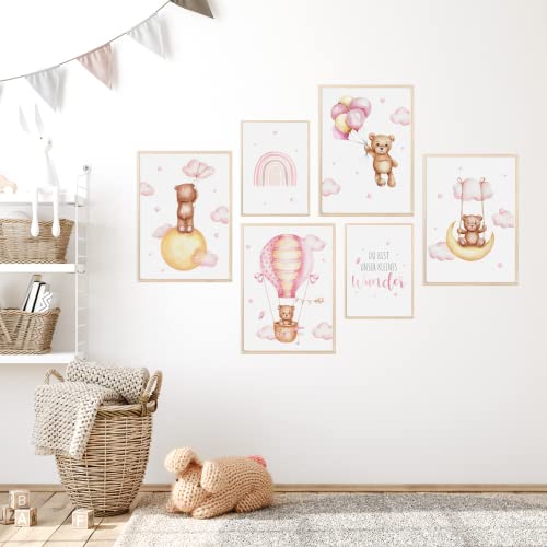 MeinBaby123® Plakat do pokoju dziecięcego, zestaw 6 plakatów DIN A4, obrazy ścienne z sentencją, tęcza, dekoracja do pokoju dziecięcego, dla dziewczynek i chłopców, dekoracja do pokoju dziecięcego