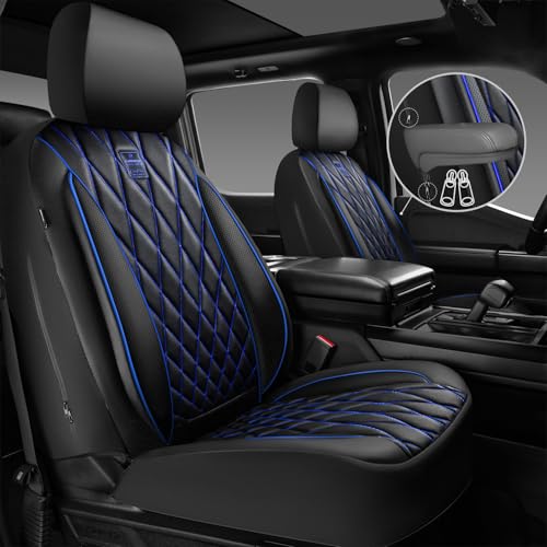 Image of CAR PASS Piping Luxury PU Leather Two Front Car Seat Covers,Waterproof Anti- Slip Seat Covers Compatible with Front Seat Armrests,Universal Fit for Suvs,Vans,Trucks,Airbag Compatible(Black and Blue)