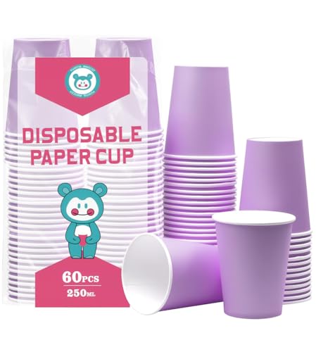 Yuxitia - Lot de 60 tasses en papier jetables pour DIY, mariage, Noël, pique-nique, barbecue, voyage et événements - 8OZ (Violet clair)