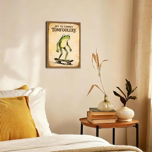 Funny Frog Skateboard Wall Art Cute off to Commit Tomfoolery Signs Wall Decor Painting, Funky Frog Animal Poster Canvas Print Picture for Living Room Bedroom 16x24 inch Wood Framed by XIYHArt - Used condition - Image 4
