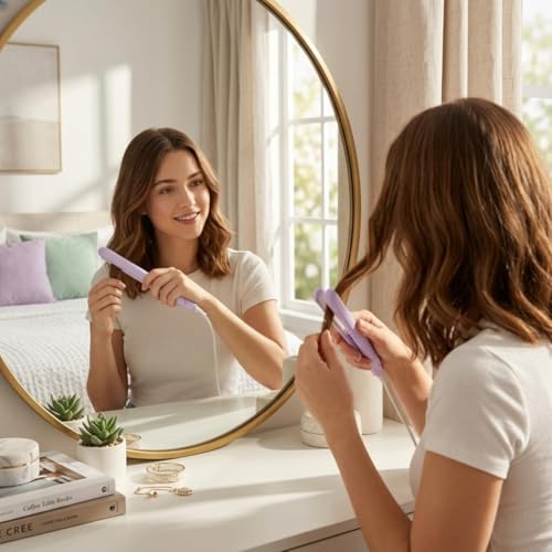 Image of Mini Hair Straightener for Women & Teens, Portable Ceramic Flat Iron with Quick Heat Technology - Compact Lightweight Hair Styling Tool for Short Hair, Bangs & Travel Use, Lavender Color with Storage Case