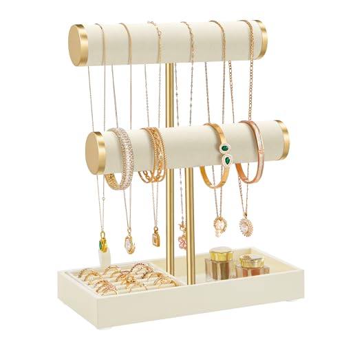 Image of SONGMICS Bracelet Holder Stand, Jewelry Display Stand, Jewelry Organizer, with 2 Tiers and Velvet Tray, Removable Ring Holder, Cream White and Pale Gold UJJS039W101