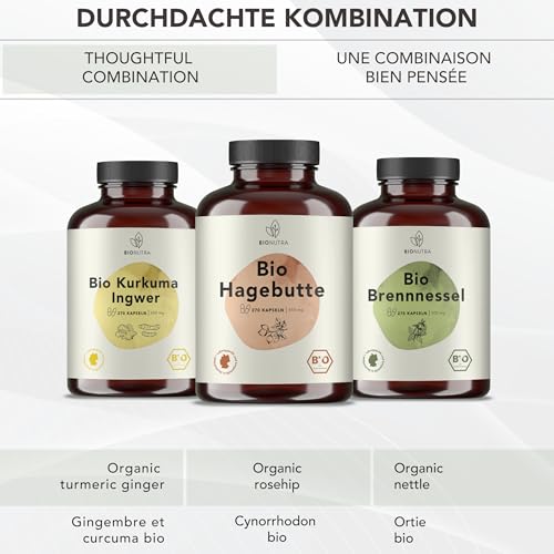 BIONUTRA© Bio Hagebutten Kapseln, 270 Stück à 650 mg hochdosiert, vegan & ohne Zusätze, Rückstandskontrolliert, Deutsche Herstellung aus Hagebutten Bio Pulver