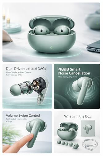 Image of Lynacz Original Earbuds OnePlus Buds 4 Compatible with OnePlus 12R, 13r, 9rt Rich Audio Experience, Secure Fit,Clear Audio & Deep Bass for Smartphones,Tablet,Laptop (Green) AT-RR