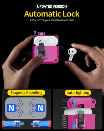 Image of Pohgelan for AirPods 4 Case with Safety Lock-Rose red | Carbon Fiber Texture Cover,Magnetic Automatic Lock with Cleaning Kit&Keychain,Compatible with Magsafe