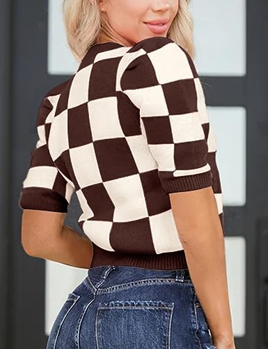 Image of Womens Puff Short Sleeve Sweater Tops Crewneck Basic Knit Pullover Lightweight Casual Sweaters