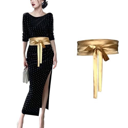 Women's Belt Wide All-Match Strap Imitation Silk Golden Black Tie Lace-up Waist Cover for Dress