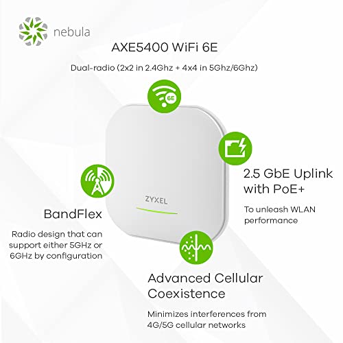 Image of Zyxel WiFi 6E Wireless Access Point AXE5400 | PoE+ | 1x 2.5Gb + 1x 1GbE Ethernet Ports | Dual Radio | BandFlex Radio, Radius Authentication | Nebula Flex Cloud or Standalone | NWA220AX-6E