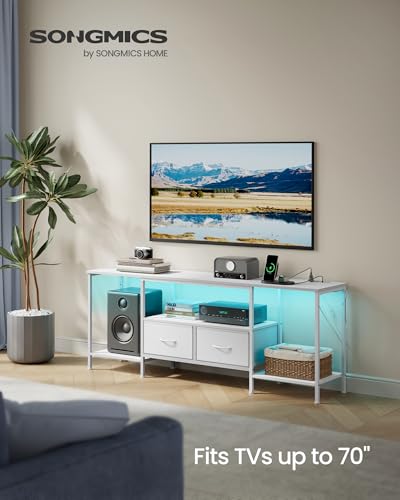 Image of SONGMICS BELLAH Collection - TV Stand with Power Outlets and Lights, Entertainment Center Media Console for TVs Up to 70 Inches, Living Room, Shelves, Drawers, Modern, Cloud White ULGS420W101S
