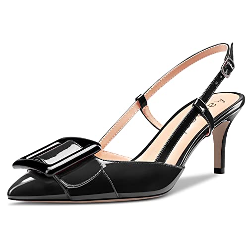 Aachcol Women Stiletto Mid Low Heel Pumps Ankle Strap Slingback Pointed Toe Dress Shoes Office Party Wedding Patent 2.5 Inch