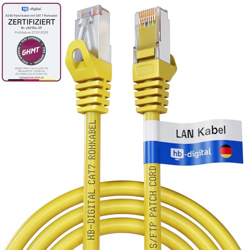 HB DIGITAL 1,5m CAT 7 Cable Ethernet LAN S/FTP PiMF LSZH AWG26 Cable de Red con CAT 6A RJ45 Conectores hasta 10 Gbits/600 MHz Ideal para Patchpanel Servidor PC Laptop Smart TV DSL Amarillo