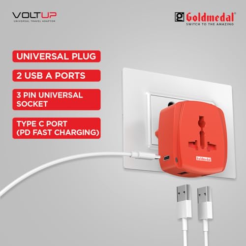 Image of Goldmedal Voltup Universal Travel Adapter with 2 Type-C & 2 Type-A USB Ports | PD Fast Charging Support | Compatible with Multiple Plug Types | Perfect for International Travel | Red & White