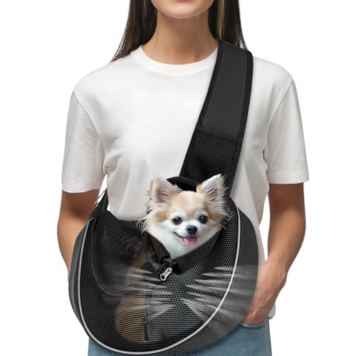 WOYYHO 2-9lbs Dog Sling Carrier for Small Dogs - Adjustable Strap,Hard Bottom,Large Zip Pocket,Breathable Mesh - Suitable for Puppies (Black M)
