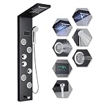 FUZ Shower Panel Tower System Matte Black LED Rainfall Waterfall Shower Head with Digital Display 5 Body Jets Handheld Spray Tub Spout Stainless Steel Shower Column for Bathroom