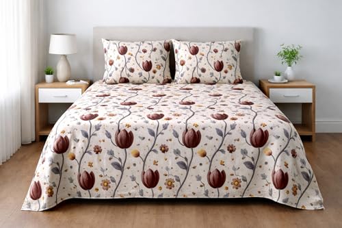 Image of Skyla 7D Bedsheet Double Bed Super King Size with 2 Pillow Covers | Size 108 x 108 Inch | 260 TC Cotton Floral Breathable | Super Soft Printed Bedsheet (Tulip in Beige)