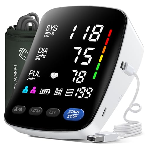 Tensiometro de Brazo Digital - Medidor Tension Arterial Profesional, Aparato Tension Arterial con Pantalla LED HD, Se Pueden Registrar 2 x 199 Datos de Usuario,Cable de Carga de Batería AA/Tipo-C