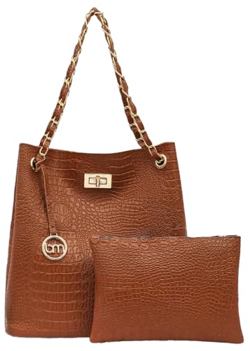 Image of Bagsy Malone Bucket Shaped Tote Bag -Set of 2 | Handcrafted Side Tote Bag for Office and College(Croco Tan)