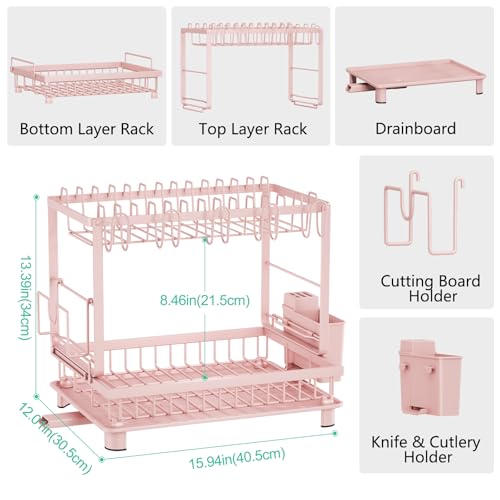 Image of Multifunctional Dish Drying Rack - Rustproof, 2-Tier Dish Racks with Drainboard, Space-Saving Design, Utensil & Cup Holder for Kitchen Counter, Pink