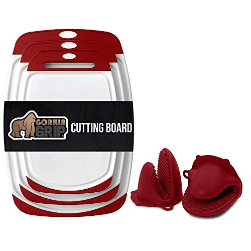 Gorilla Grip Cutting Board Set Of 3 And Mini Silicone Potholder Mitts Set, Both In Red Color, Cutting Boards Are Dishwasher Safe, Potholders Are Heat Resistant, 2 Item Bundle #TOP26
