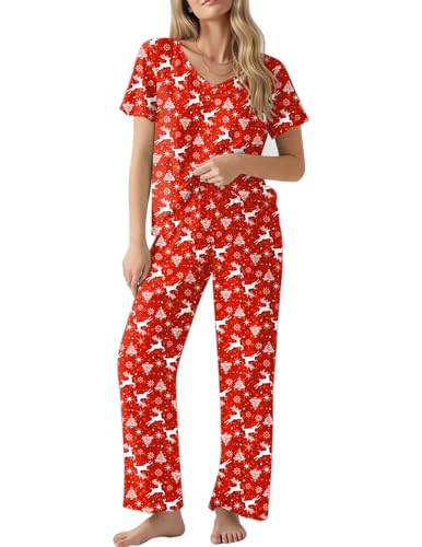 Ekouaer Womens Pajama Sets 2 Piece Lounge Set Soft Pajamas for Women Set Short Sleeve and Long Pants Pjs with Pockets