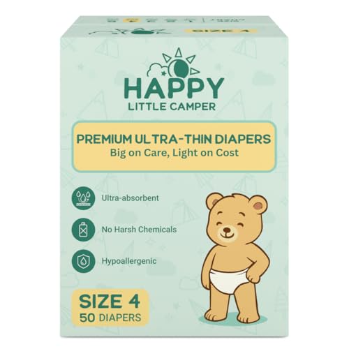 Happy Little Camper Premium Ultra-Thin Diapers, Size 4, 22-31 lbs, 50 Count | Ultra-Absorbent Disposable Baby Diapers for Sensitive Skin | Hypoallergenic, Fragrance-Free, Totally Chlorine Free