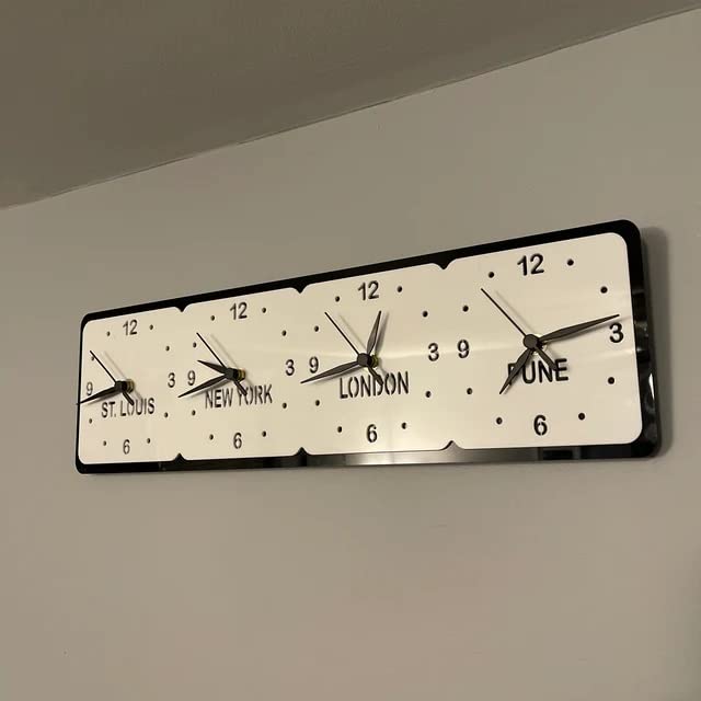 Super Cool Creations Bespoke Named Four Square Time Zone Clocks & Desk Stand (Many Mirror & Gloss Colour Choices) 50cm x 15.5cm (Black Gloss Back/Red Mirror Front)
