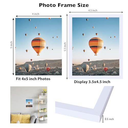 Image of JCJMY 4x5 Picture Frame White for Wall Hanging or Tabletop, Wall Mounting Horizontally or Vertically, 4 x 5 Wall Gallery Poster Photo Frame with Shatter Resistant Plexiglass, White