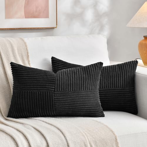 Image of Fancy Homi 2 Packs Black Long Lumbar Decorative Throw Pillow Covers 12x24 Inch for Couch Bed Sofa, Rustic Farmhouse Boho Home Decor, Soft Striped Corduroy Rectangle Accent Cushion Case 30x60 cm