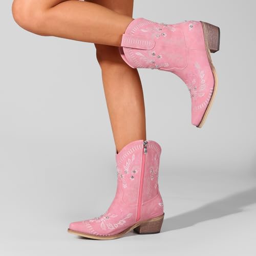 Image of Rhinestone Ankle Cowboy Boots for Women Embroidered Short Cowgirl Boots with Low Heel Side Zipper Comfortable Chunky Heel Western Booties for Prom Party Wedding Pull On Shoes
