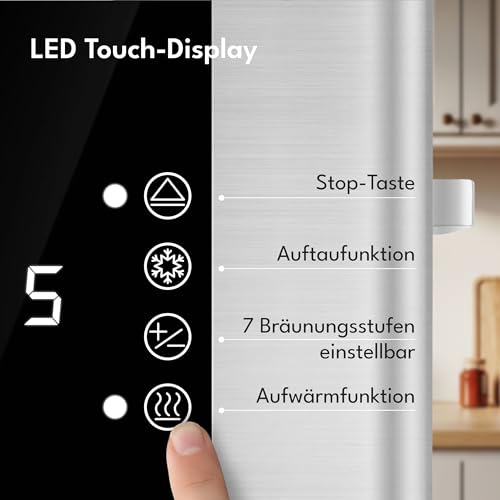 LEBENLANG Edelstahl Toaster mit Brötchenaufsatz 2 Scheiben - Touchscreen LED Display & 7 Stufen I...