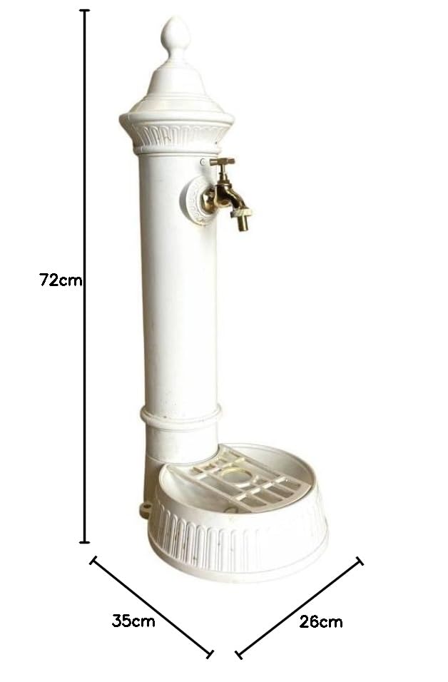 Fontaine de Jardin à Poser Source en Fonte d'Aluminium Patinée Blanc avec Robinet Fonctionnel en Laiton 26x35x72cm