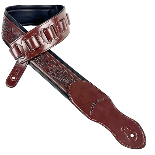 Walker & Williams G-110 Mahogany Brown Padded Guitar Strap with Embossed Live Oak Tooling For Acoustic, Electric, And Bass Guitars