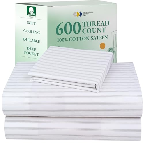 Image of California Design Den Premium Twin Sheet Set, 100% Cotton Sheets, 600 Thread Count, Sateen, Deep Pocket, Snug Fit, Soft & Crisp Printed Sheet Set, Twin Sheets (Ticking Stripe Pattern)