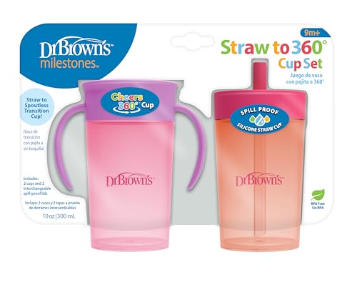 Dr. Brown's Milestones Straw to 360° Cup Set, Convertible Toddler Training Cup Set with Lids, Blue/Green/Pink/Coral, 10 oz/300 mL, BPA Free, 9m+, 4 Pack - image 8