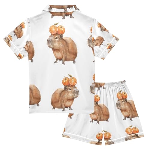 senya Capybara with Orange Satin Summer Pajama Sets Silk Short Sleeve Button Down Sleepwear2