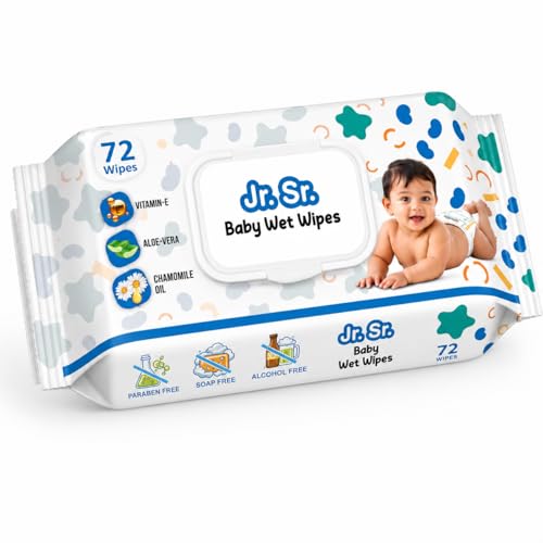 Image of Jr. Sr. Baby Wipes With Lid | 72 Wipes x Pack of 1 | Safe & Moist Wet Wipes for Babies | Prevents Rashes & Redness with Goodness of Aloe Vera, Vitamin E & Chamomile Oil | No Paraben & No Alcohol