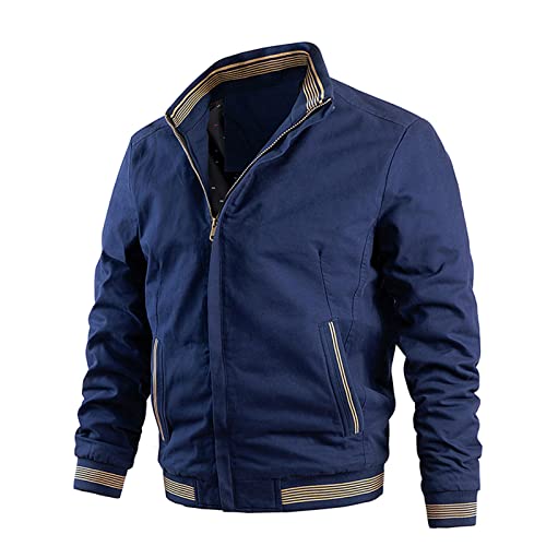Blouson Homme Mi Saison Militaire Veste Col Montant avec Zippé Poches Vintage Parka sans Capuche Pulls, Gilets et Sweats Homme Sweat Homme Léger pour Manteau Printemps Automne Bleu XXL