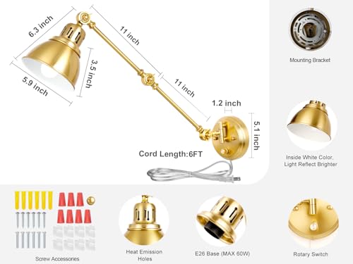 Image of GOODATE 2 Pack Plug in Wall Sconces, Dimmable On Off Switch, Swing Arm Wall Lamps, Wall Sconces Set of Two, Gold Metal Industrial, Plug-in or Hardwired (Gold, Without Bulbs+Remote)