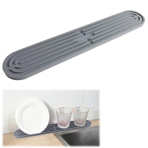 Tappetino Scolapiatti, Tappetino Scolapiatti Stretto, 43x8 cm, Silicone, Drenanti per Cucina, Design Salvaspazio, Per Bicchieri, Bottiglie, Taglieri, Grigio
