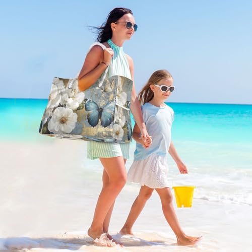 Butterfly Floral White Beach Bag for Women Large Beach Tote Bag Zipper for Swim Gym Travel Daily3