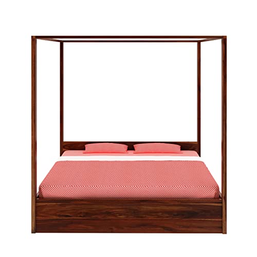 Image of Solid Sheesham Wood King Size Poster Bed Without Storage for Bed Room Living Room Home Wooden Double Bed Palang Solid Wood Bedroom Furniture for Hotel (Honey Finish)