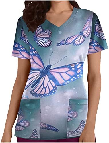 3D Print Nurse Uniforms for Women, Breathable Butterfly Patterned Short Sleeve V-Neck Shirts Tee Tops with Pockets