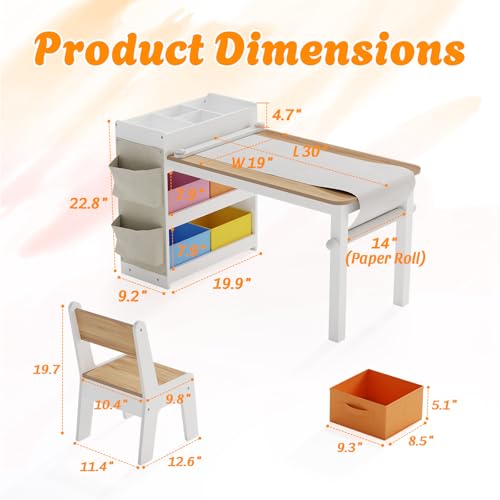 Image of IKALIFE Kids Art Table and Chair - Toddler Craft Table and Chairs Set with 2 Chair & Bins, Large Storage Kids Activity Desk with Paper Roll for Playrooms & Classroom, 40 inch L x 20 inch W, Natural